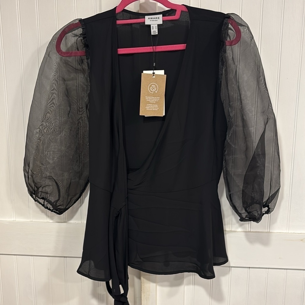 Aware by Vero Modo Vmmaria 3/4 wrap-black blouse W/sheer sleeves size M